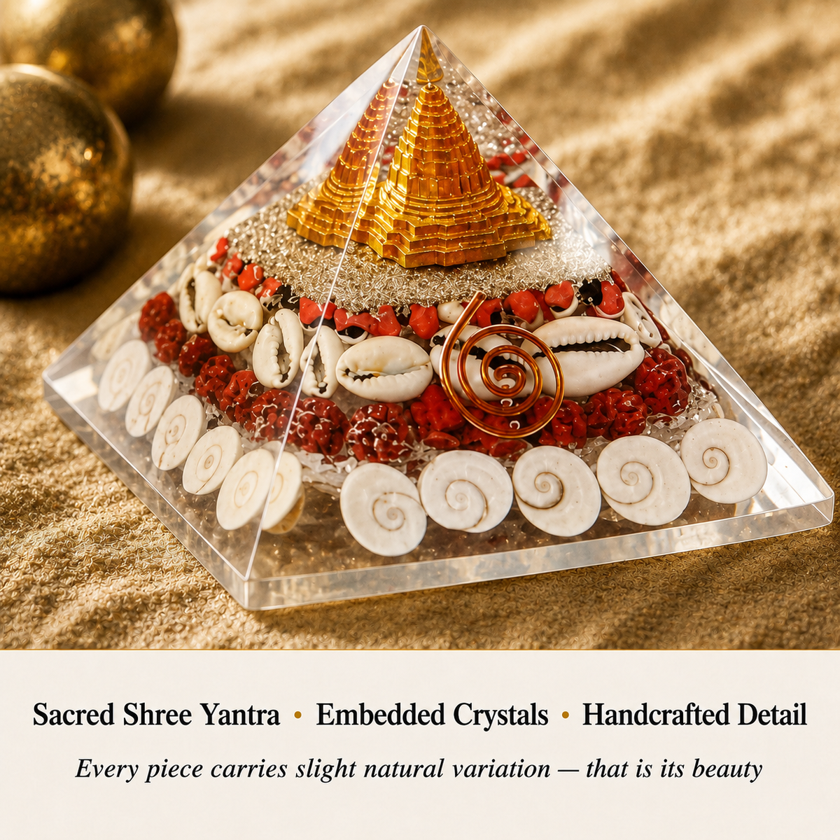 Close-up of Shree Yantra Pyramid showing natural crystal texture and detail