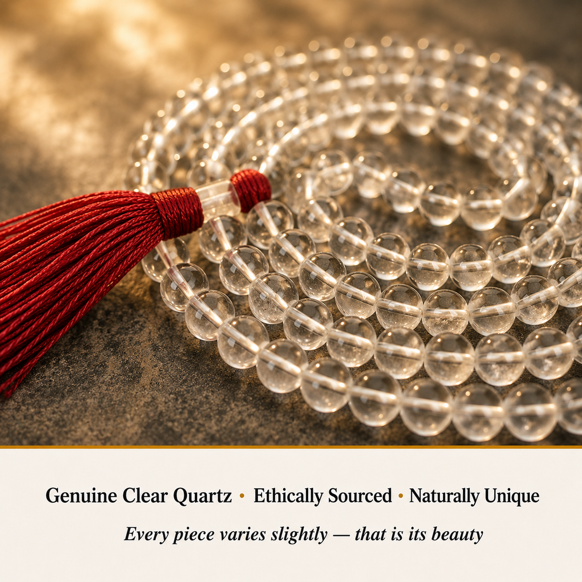 Close-up view of Clear Quartz 108-bead mala