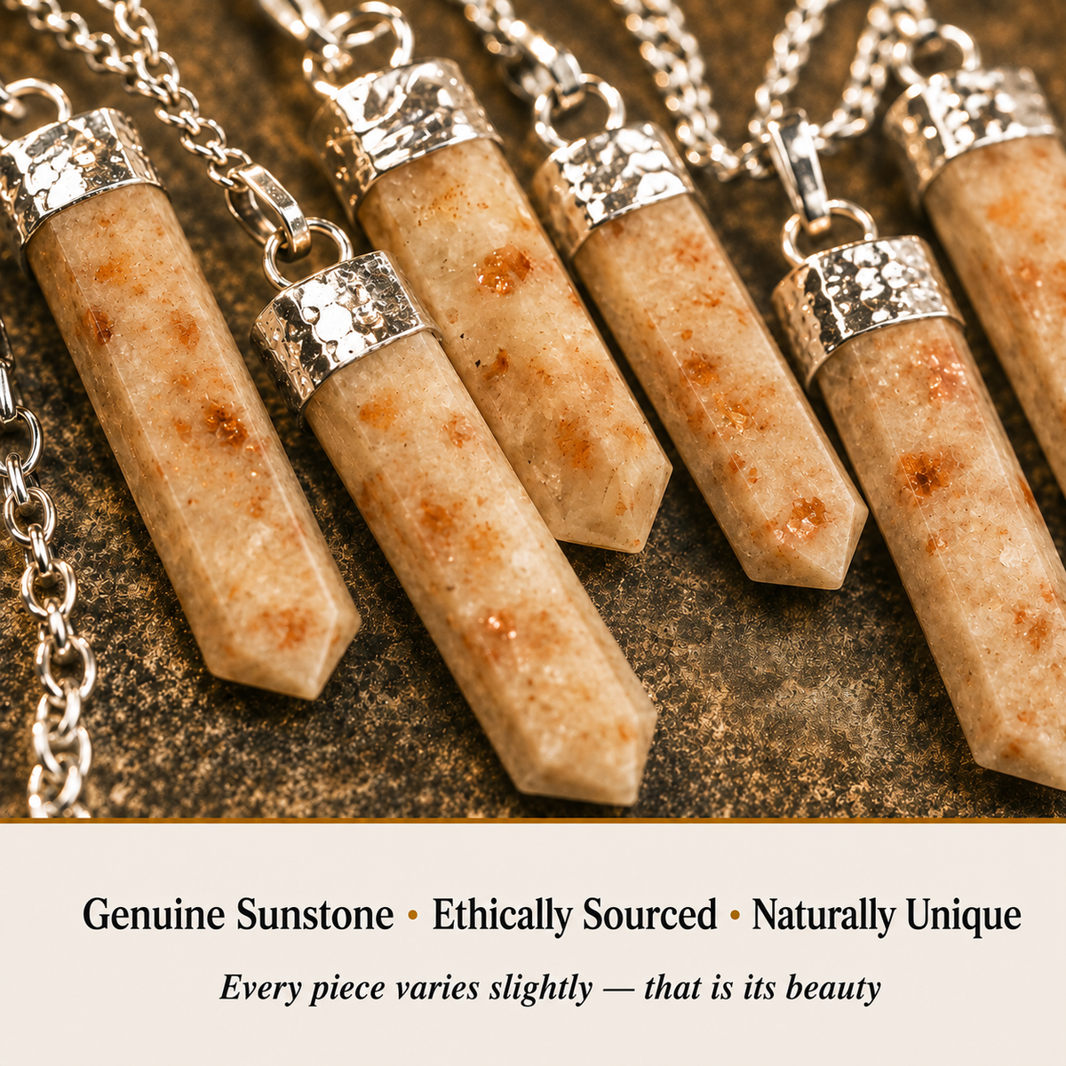 Close-up of Sunstone Pencil Pendant showing natural crystal texture and detail