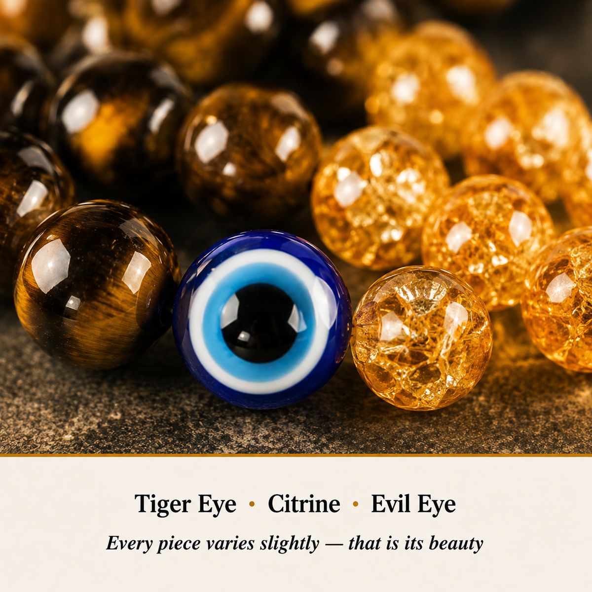 Tiger Eye, Citrine and Evil Eye bracelet set material detail