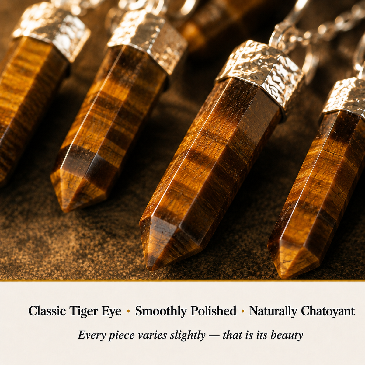Close-up of Tiger Eye Pencil Pendant showing natural crystal texture and detail