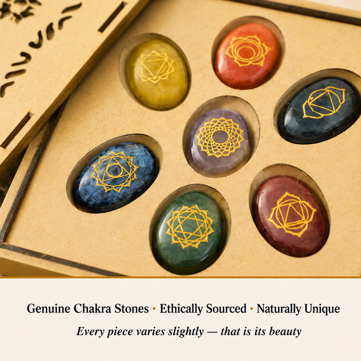 Close-up of 7 Chakra Zibu Reiki Coin Set showing surface and detail
