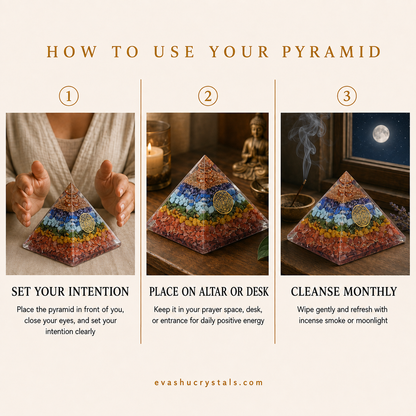 7 Chakra Pyramid wearing, placement, intention and crystal care usage guide