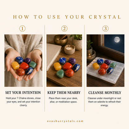 7 Chakra Tumble Set wearing, placement, intention and crystal care usage guide
