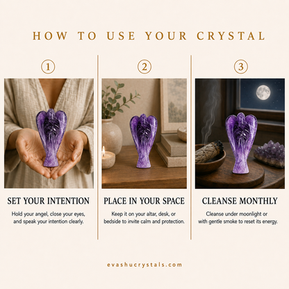 Amethyst Angel wearing, placement, intention and crystal care usage guide