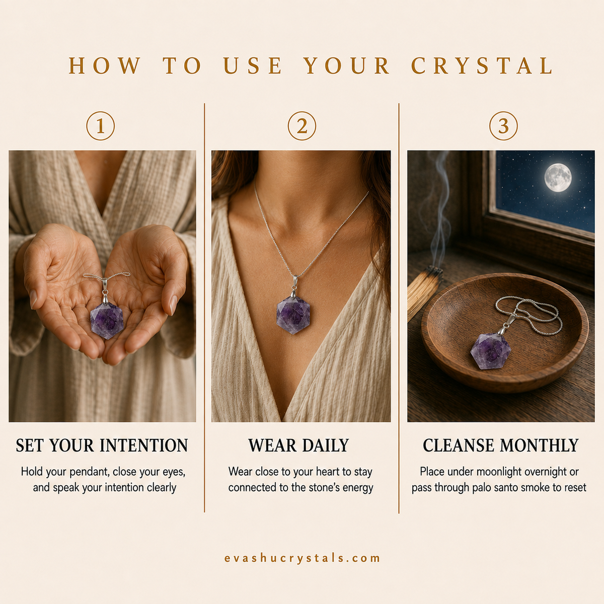 Amethyst Hexagon Pendant wearing, placement, intention and crystal care usage guide