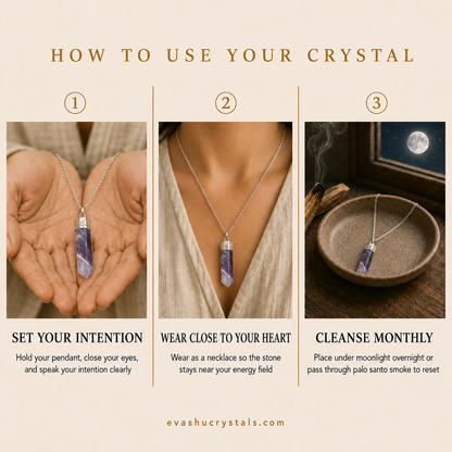 Amethyst Pencil Pendant wearing, placement, intention and crystal care usage guide