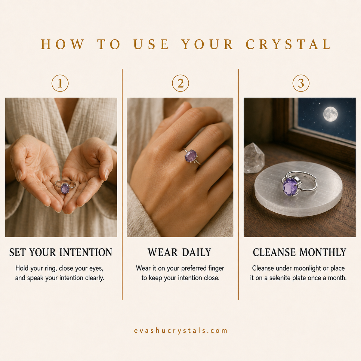 Amethyst Ring wearing, placement, intention and crystal care usage guide