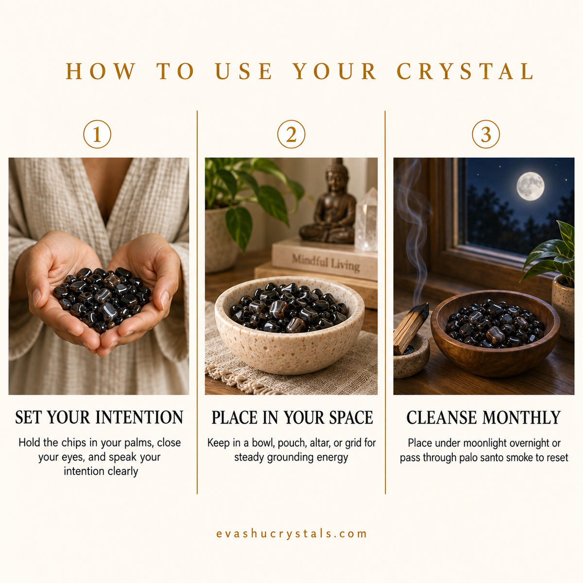 black-agate-crystal-chips wearing, placement, intention and crystal care usage guide