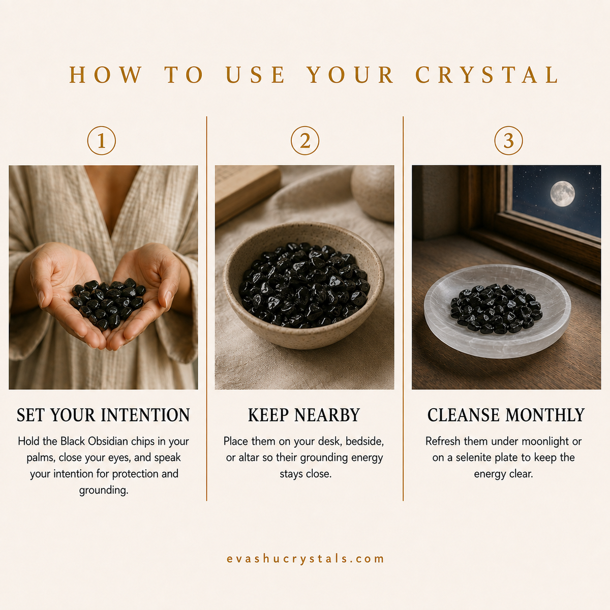 Black Obsidian Chips wearing, placement, intention and crystal care usage guide