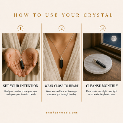 Black Obsidian Pencil Pendant wearing, placement, intention and crystal care usage guide