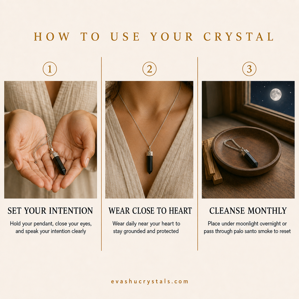 Black Onyx Pencil Pendant wearing, placement, intention and crystal care usage guide