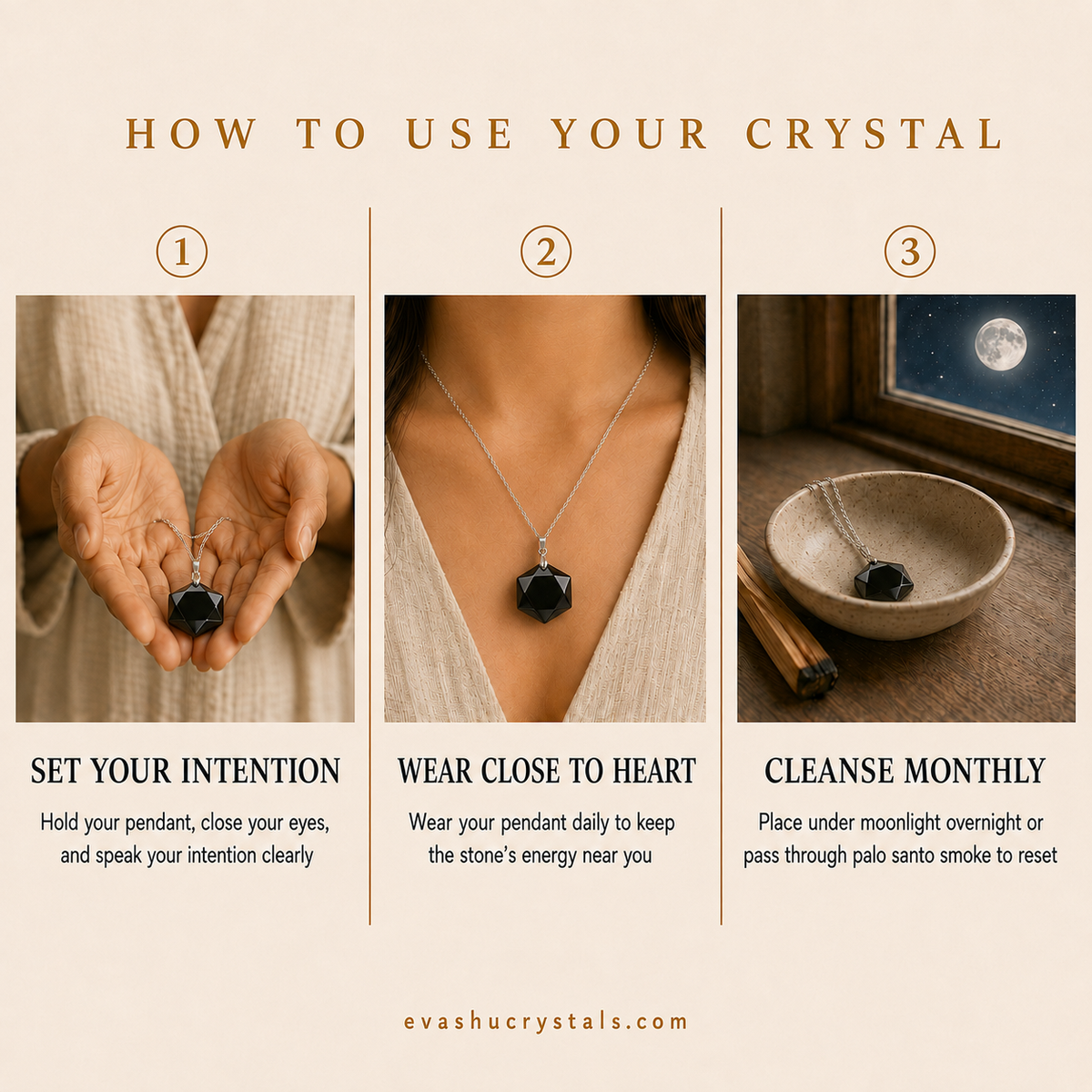 Black Tourmaline Hexagon Pendant wearing, placement, intention and crystal care usage guide