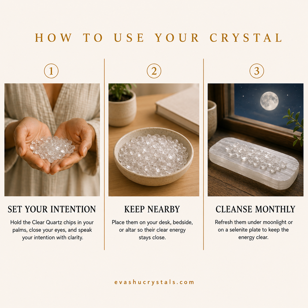 Clear Quartz Chips wearing, placement, intention and crystal care usage guide