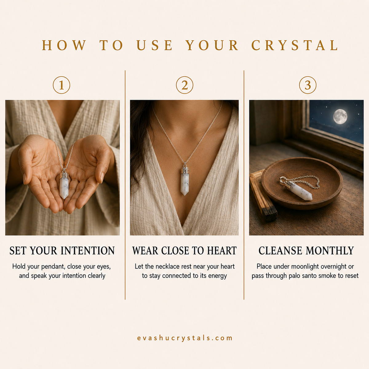 Dendrite Pencil Pendant wearing, placement, intention and crystal care usage guide