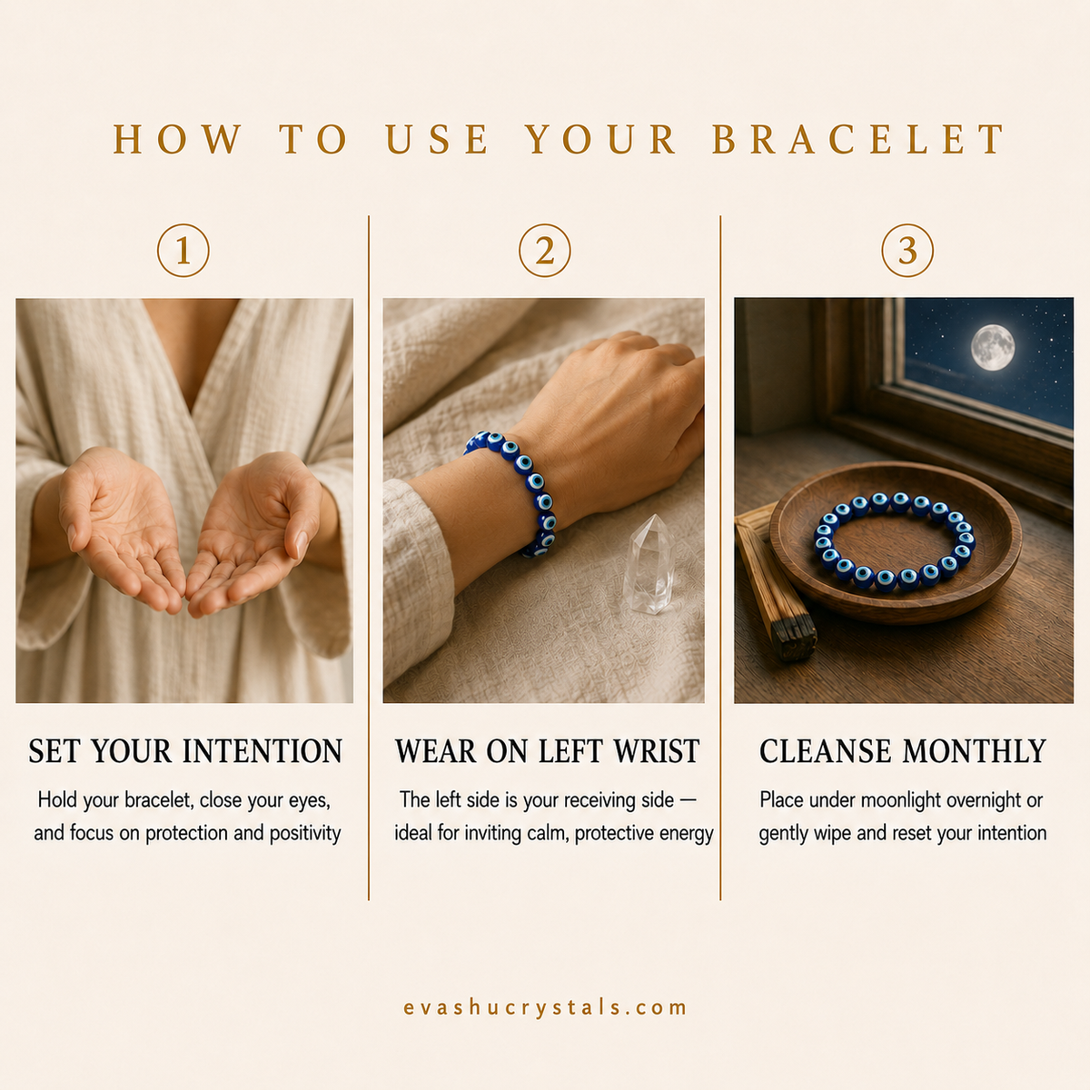 Evil Eye Bracelet wearing, intention and crystal care usage guide