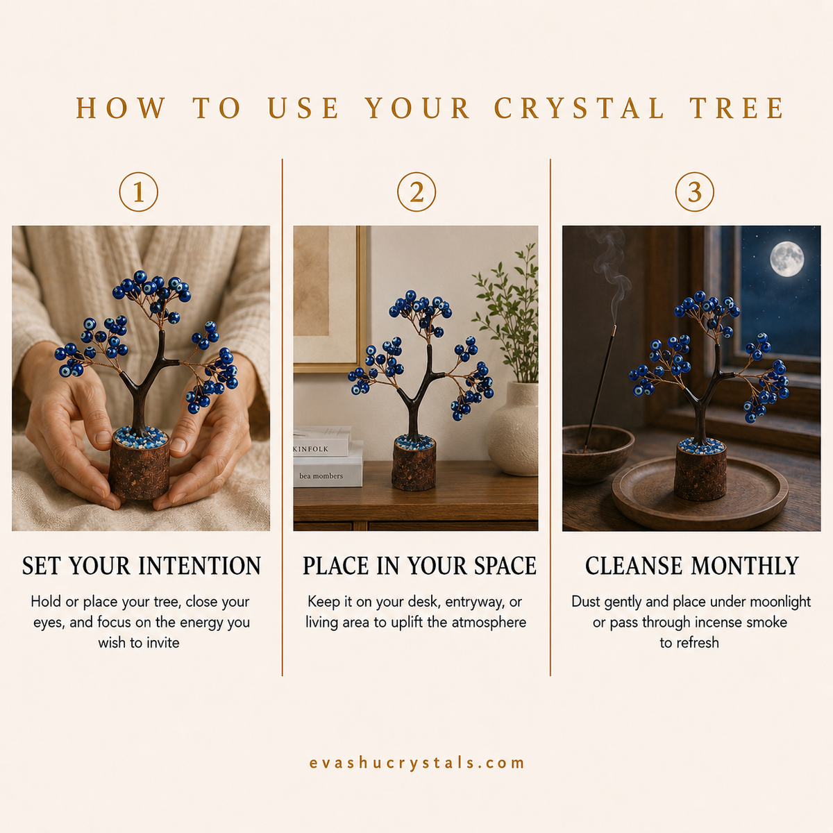Evil Eye Tree wearing, placement, intention and crystal care usage guide