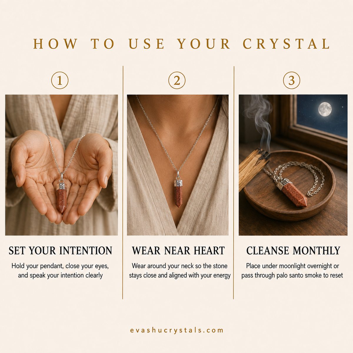 Goldstone Pencil Pendant wearing, placement and care guide