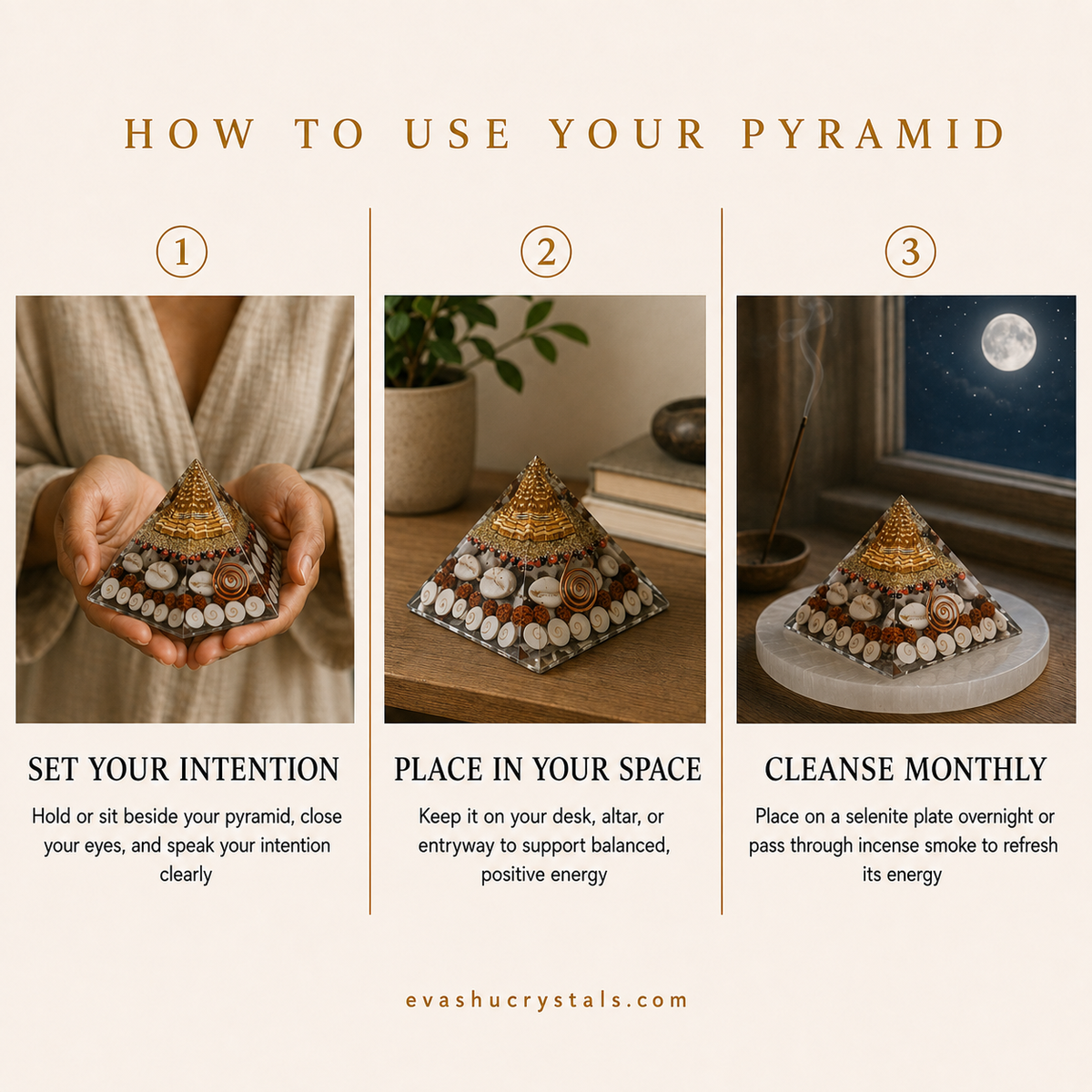 Gomti Chakra Pyramid wearing, placement, intention and crystal care usage guide