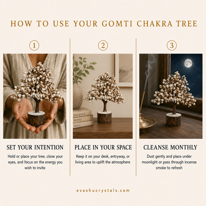 Gomti Chakra Tree wearing, placement, intention and crystal care usage guide