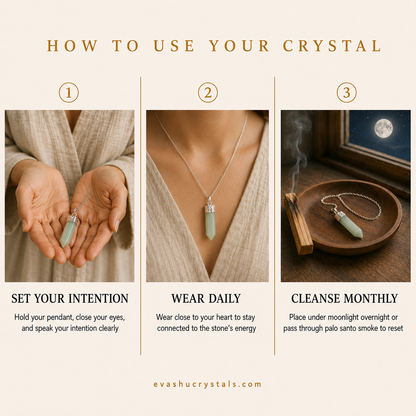 Green Aventurine Pencil Pendant wearing, placement, intention and crystal care usage guide