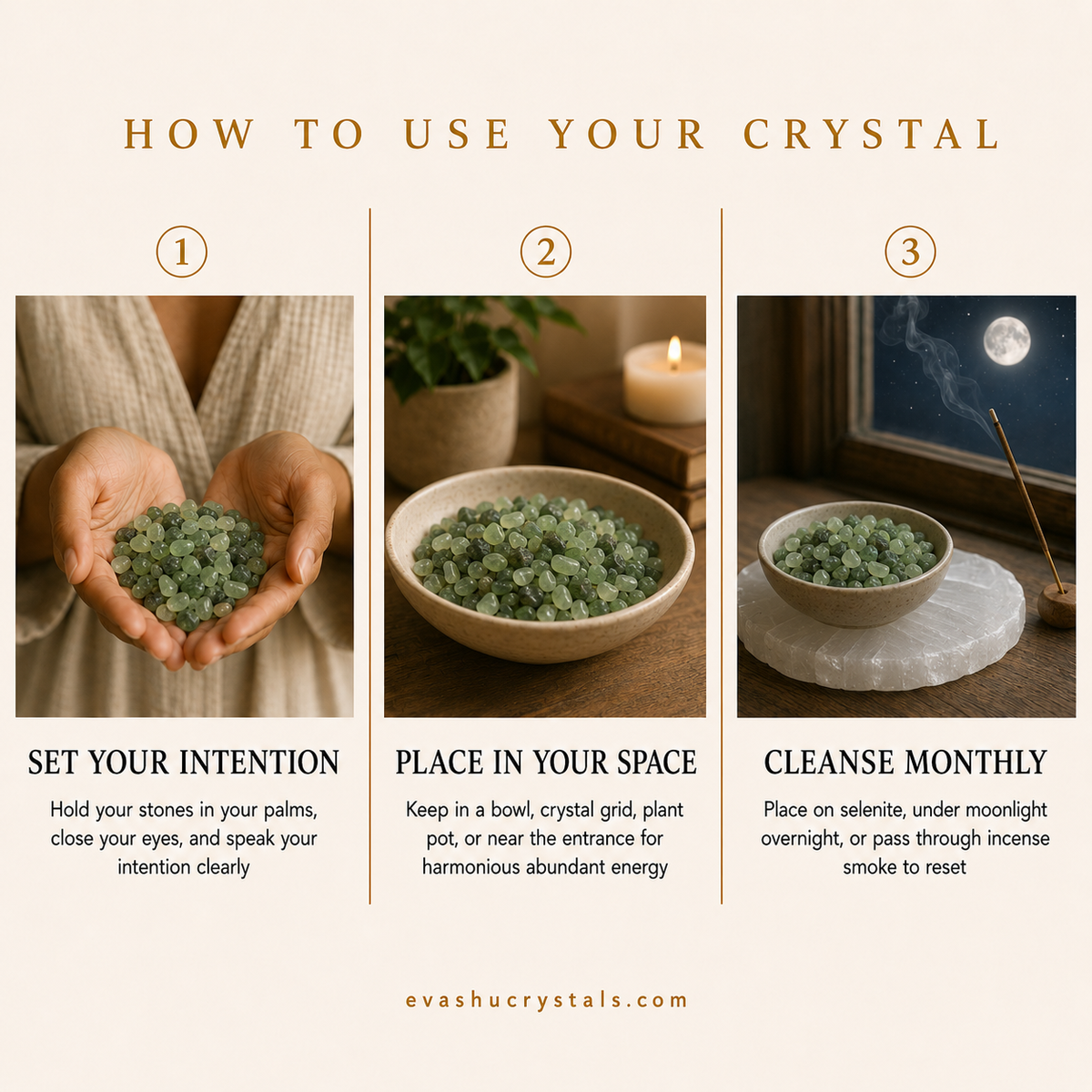 Green Jade Chips wearing, placement, intention and crystal care usage guide