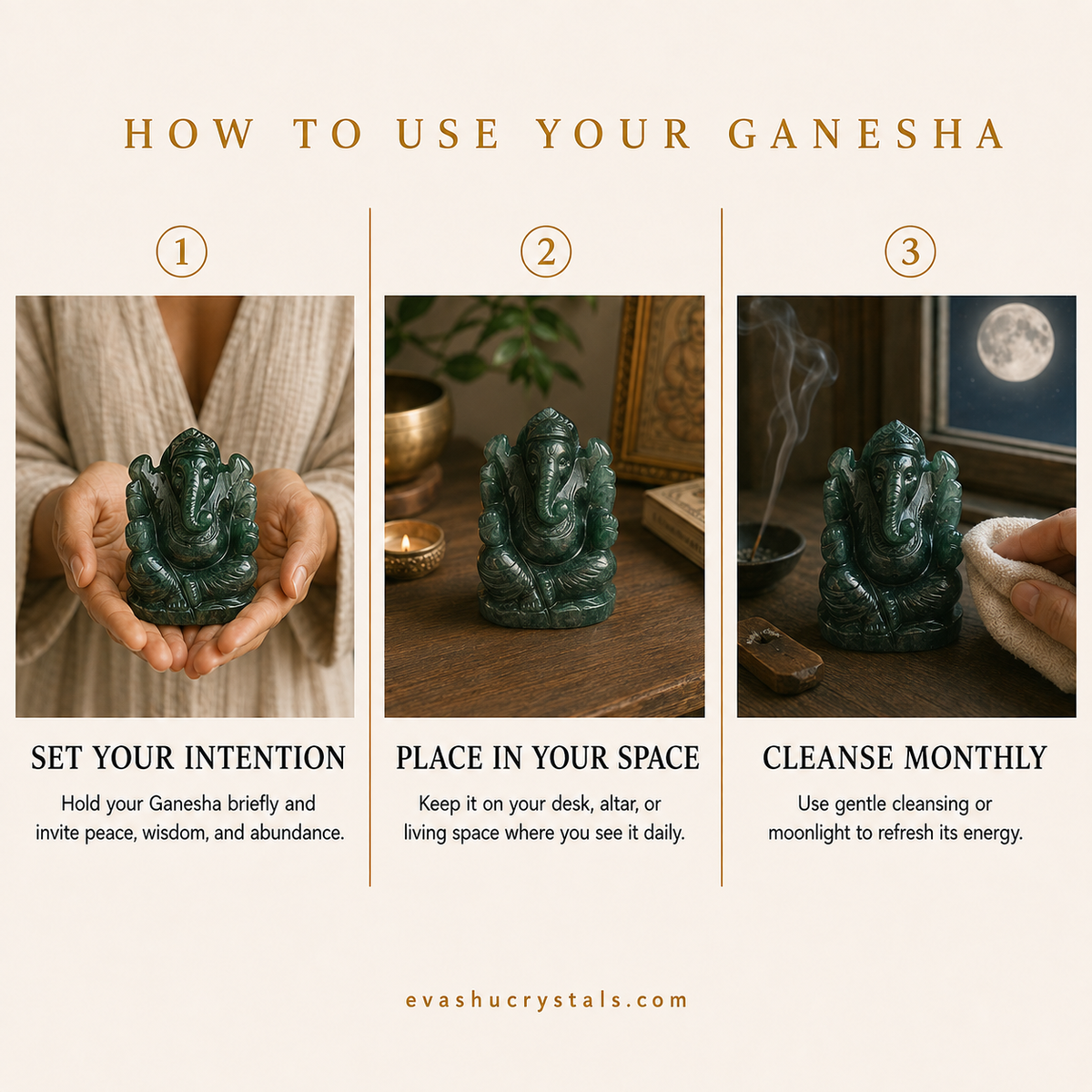 Green Jade Ganesha wearing, placement, intention and crystal care usage guide