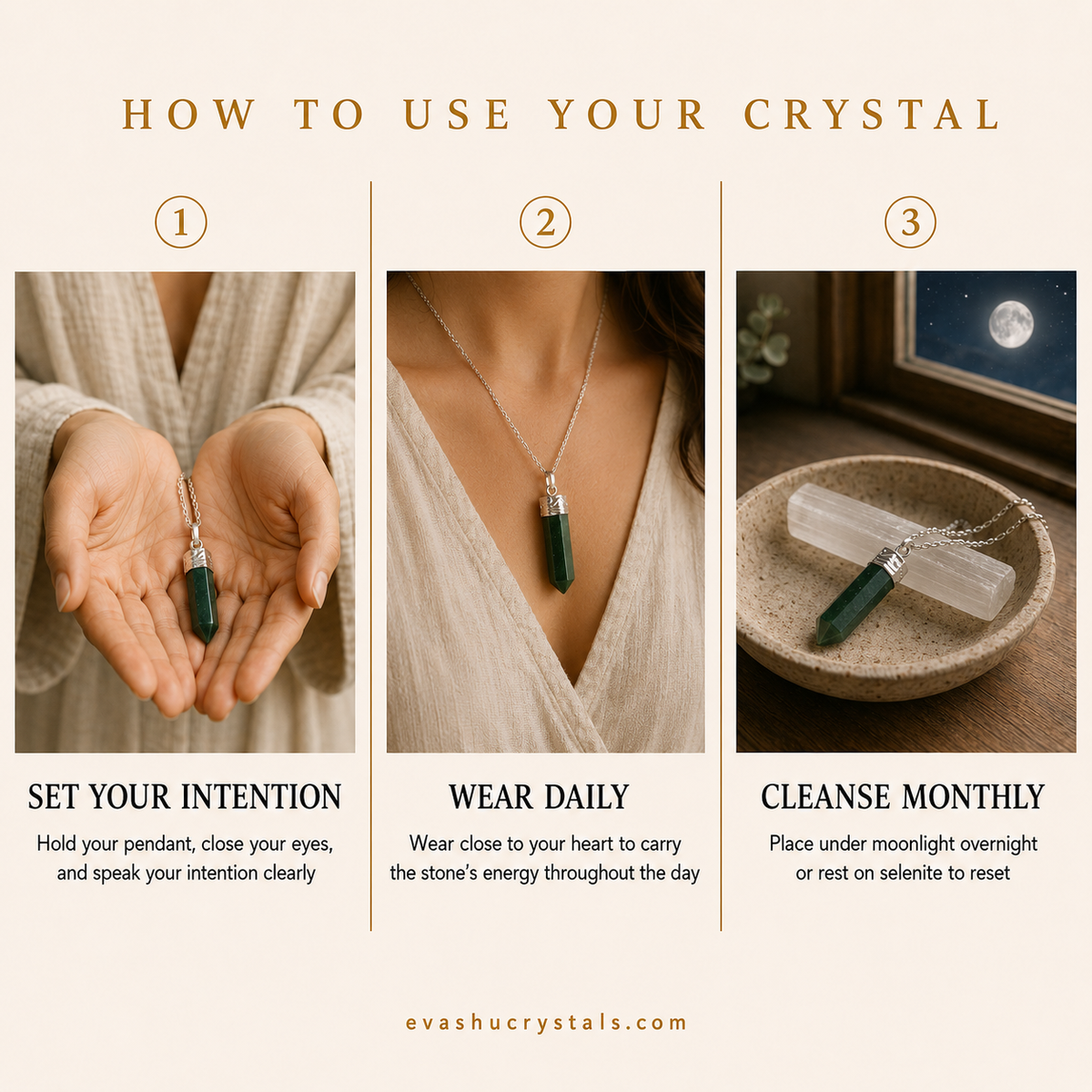 Green Jade Pendant wearing, placement, intention and crystal care usage guide