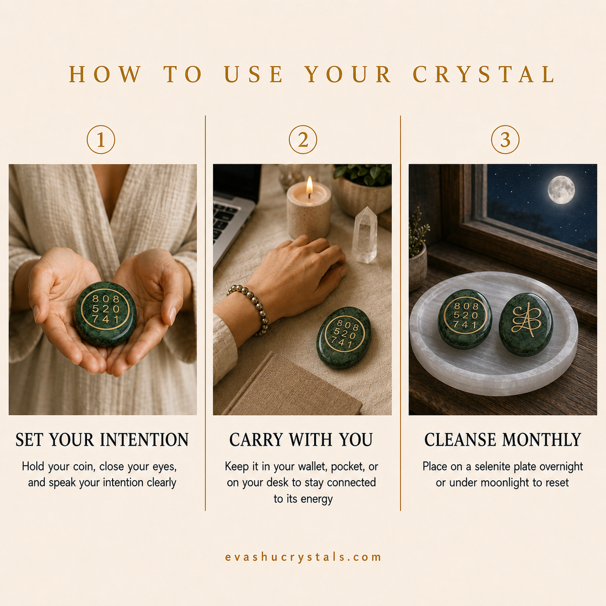 Green Jade Zibu Coin wearing, placement, intention and crystal care usage guide