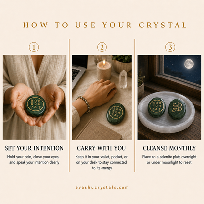 Green Jade Zibu Coin wearing, placement, intention and crystal care usage guide