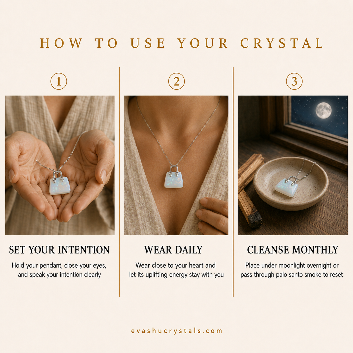 Opal Handbag Pendant wearing, placement, intention and crystal care usage guide