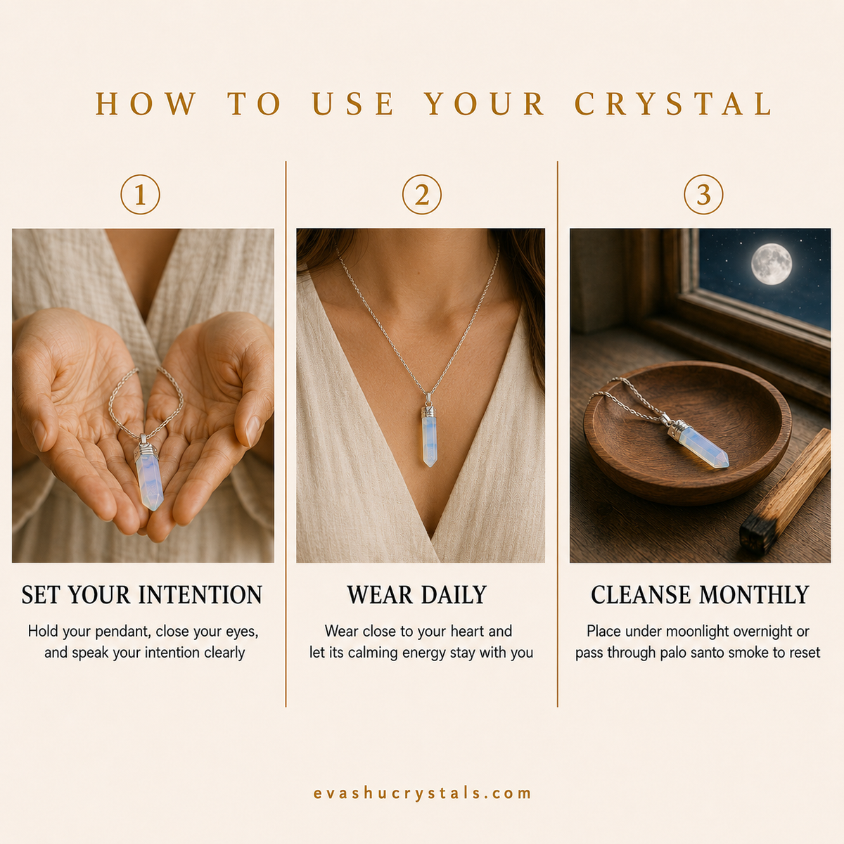 opalite-pencil-pendant wearing, placement, intention and crystal care usage guide