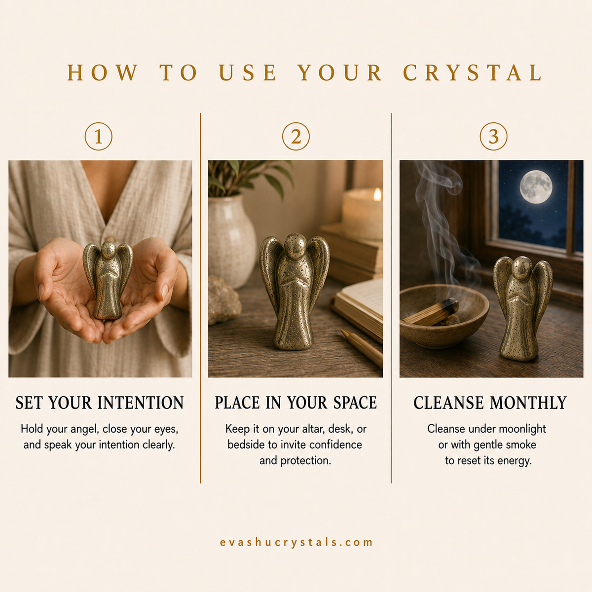 Pyrite Angel wearing, placement, intention and crystal care usage guide