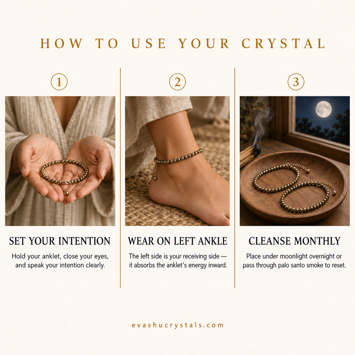 pyrite-anklet-set wearing, placement, intention and crystal care usage guide