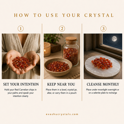 Red Carnelian Chips wearing, placement, intention and crystal care usage guide
