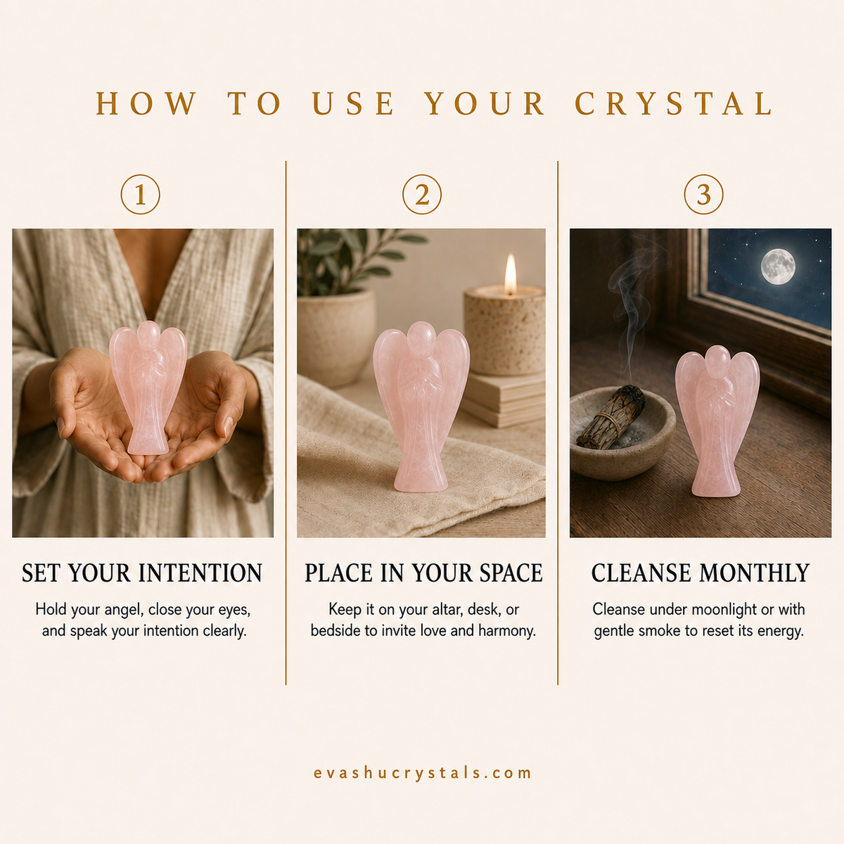 Rose Quartz Angel wearing, placement, intention and crystal care usage guide