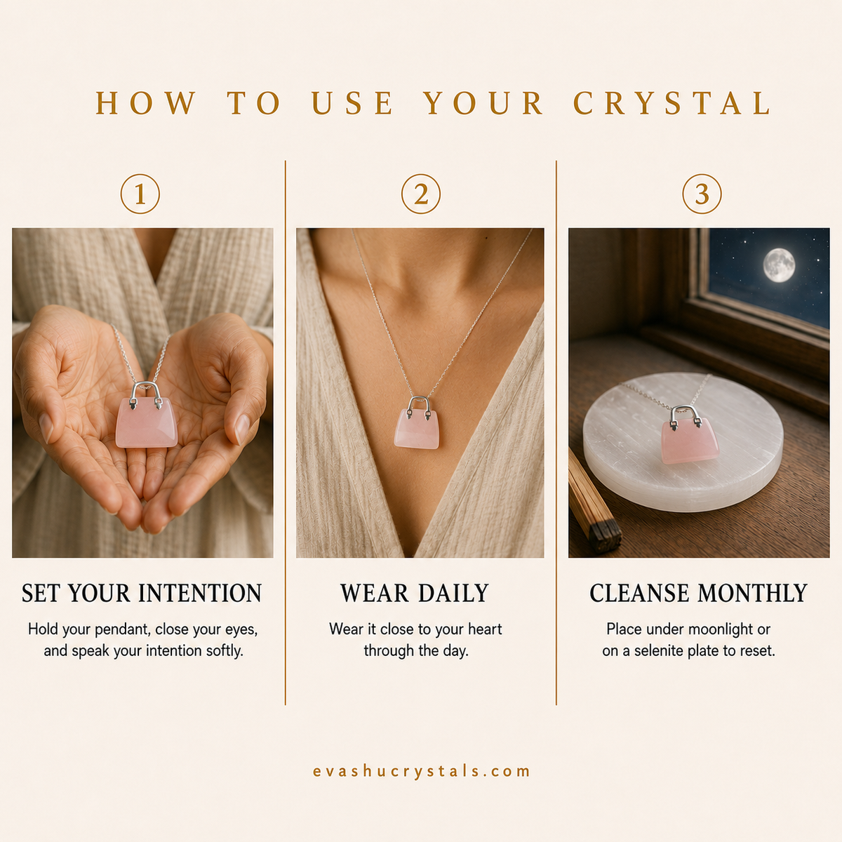 Rose Quartz Handbag Pendant wearing, placement, intention and crystal care usage guide