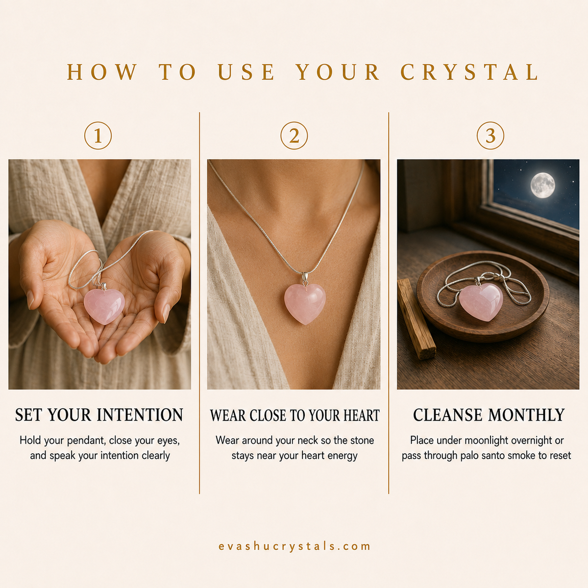 Rose Quartz Heart Pendant wearing, placement, intention and crystal care usage guide