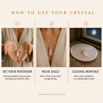 Rose Quartz Pencil Pendant wearing, placement, intention and crystal care usage guide