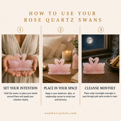 Rose Quartz Swan Pair wearing, placement, intention and crystal care usage guide