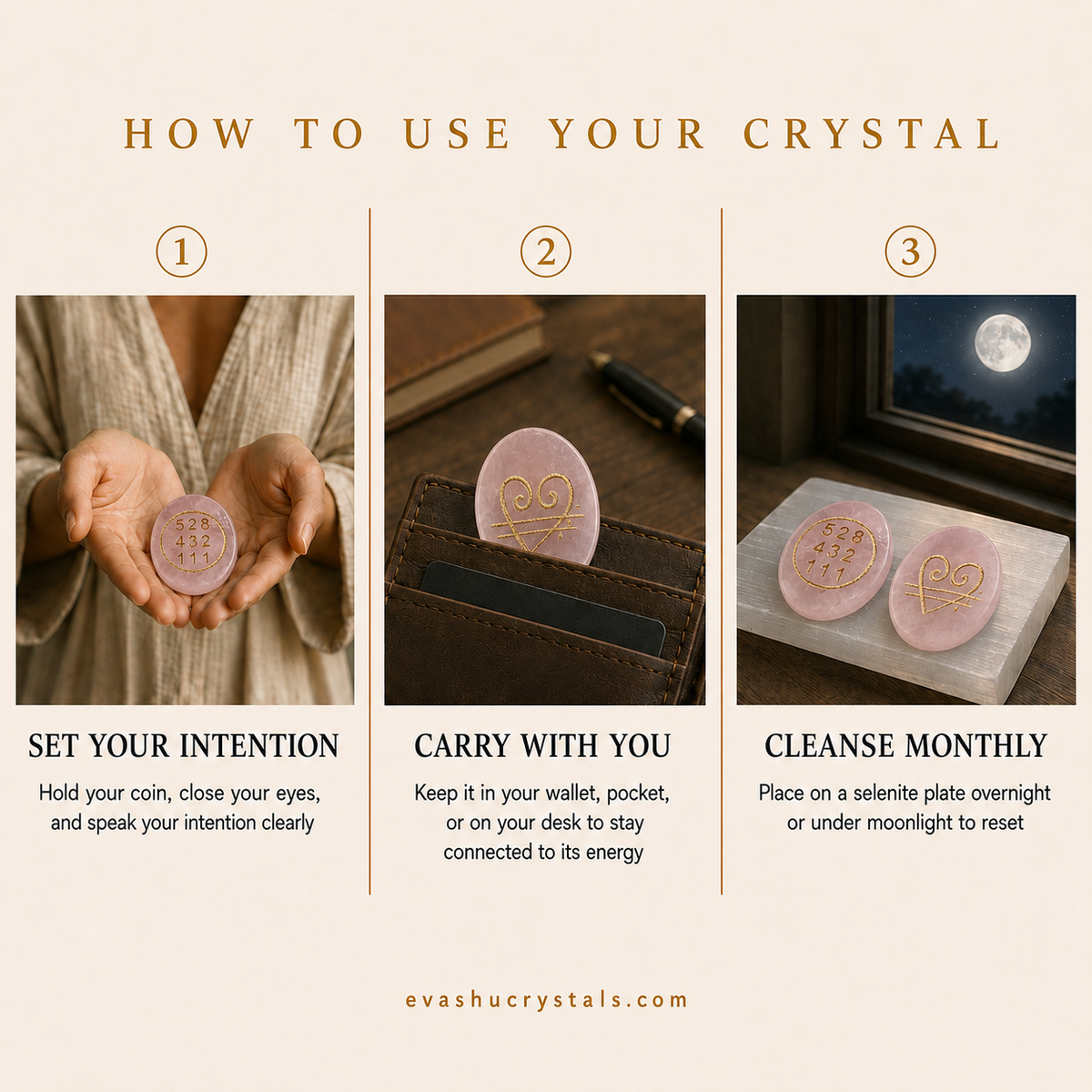 Rose Quartz Zibu Coin wearing, placement, intention and crystal care usage guide