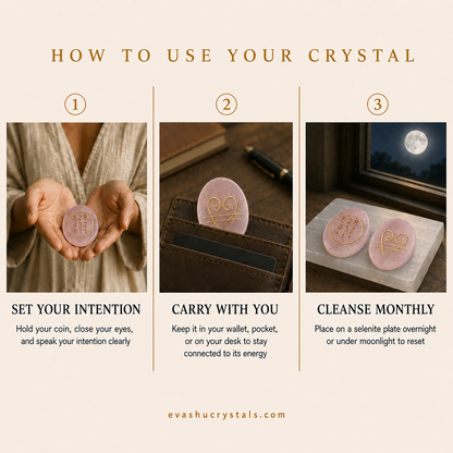 Rose Quartz Zibu Coin wearing, placement, intention and crystal care usage guide