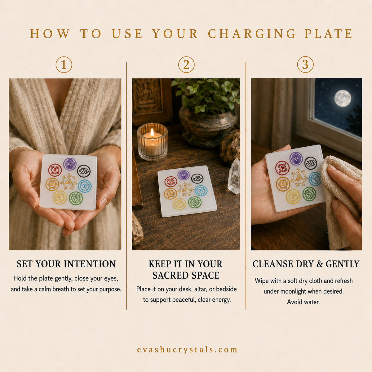 Selenite 7 Chakra Square Plate wearing, placement, intention and crystal care usage guide