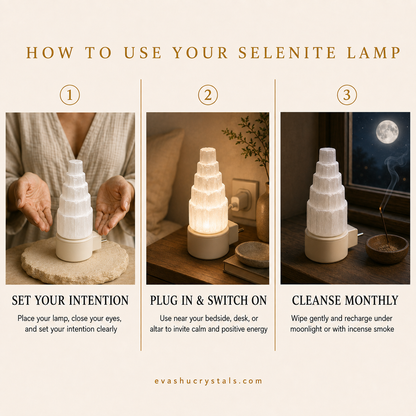 Selenite Lamp wearing, placement, intention and crystal care usage guide