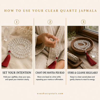 Clear Quartz 108-bead mala use and care guide