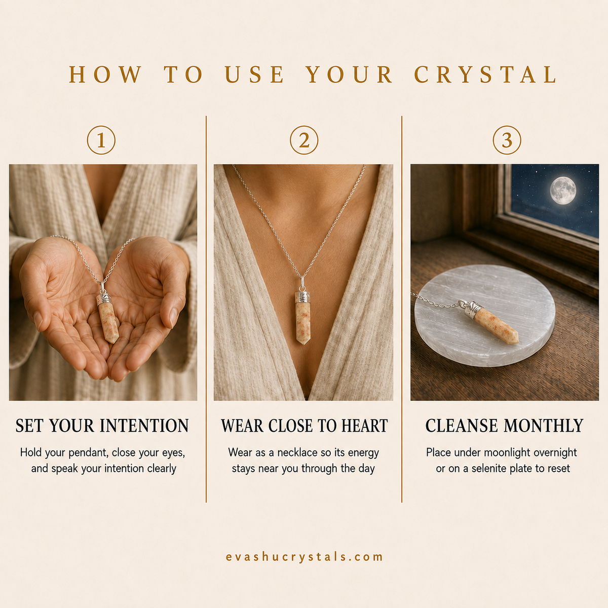 Sunstone Pencil Pendant wearing, placement, intention and crystal care usage guide