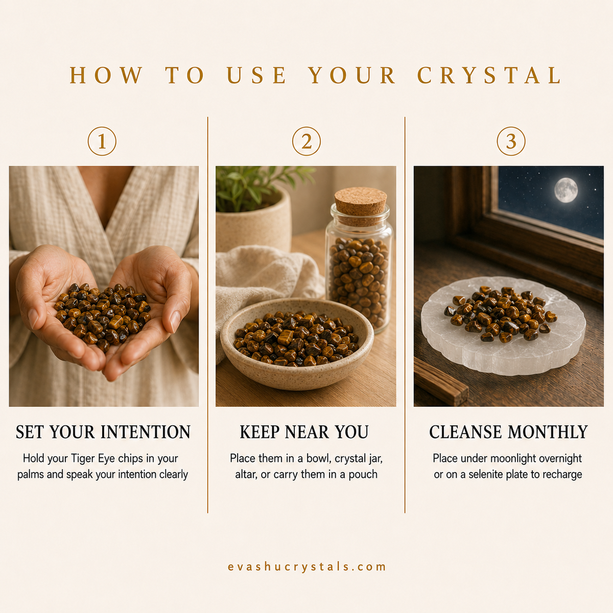 Tiger Eye Chips wearing, placement, intention and crystal care usage guide