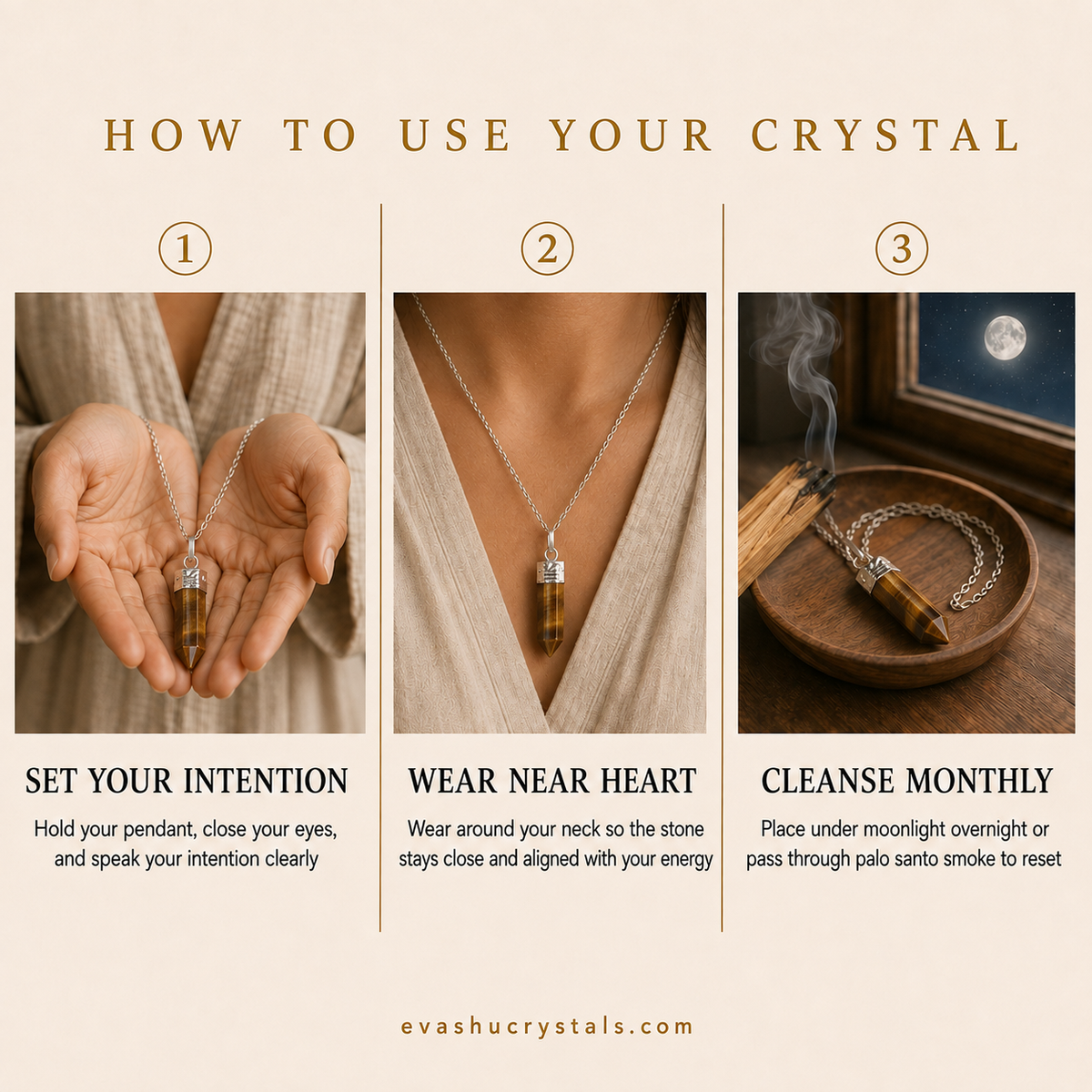 Tiger Eye Pencil Pendant wearing, placement, intention and crystal care usage guide