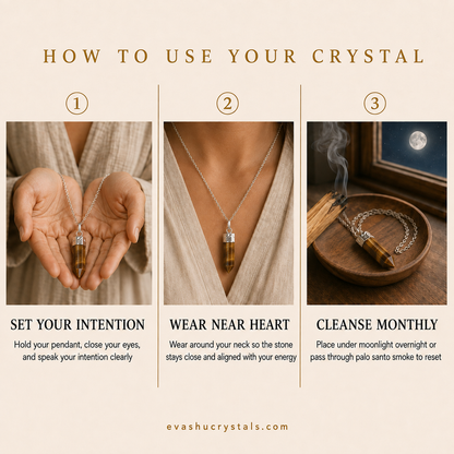 Tiger Eye Pencil Pendant wearing, placement, intention and crystal care usage guide