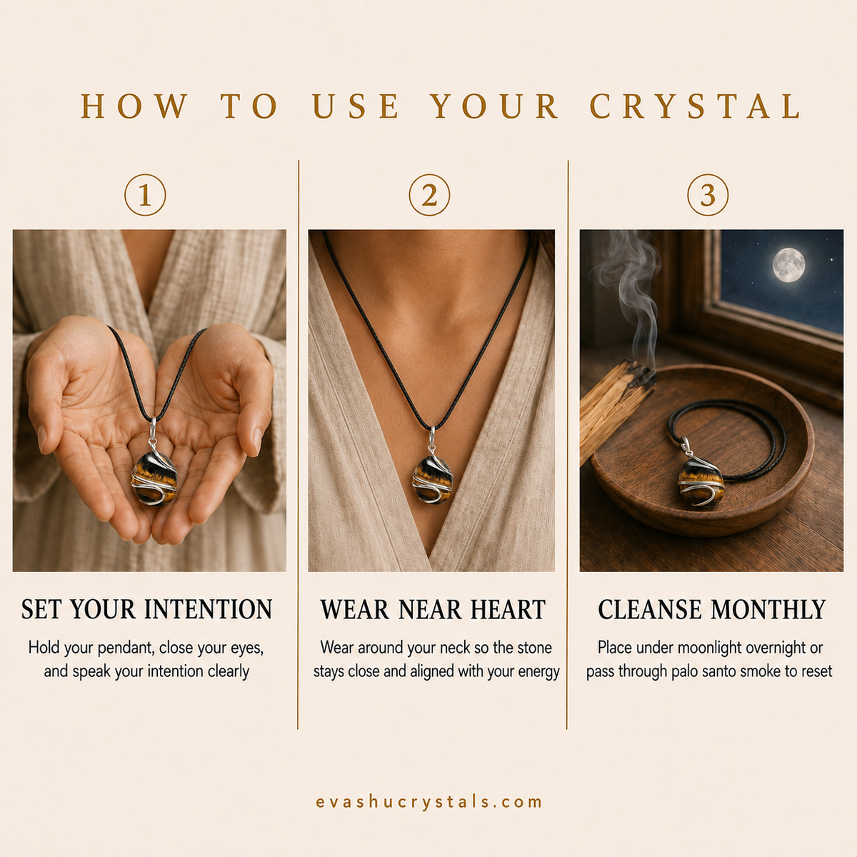 Tiger Eye Pendant wearing, placement, intention and crystal care usage guide